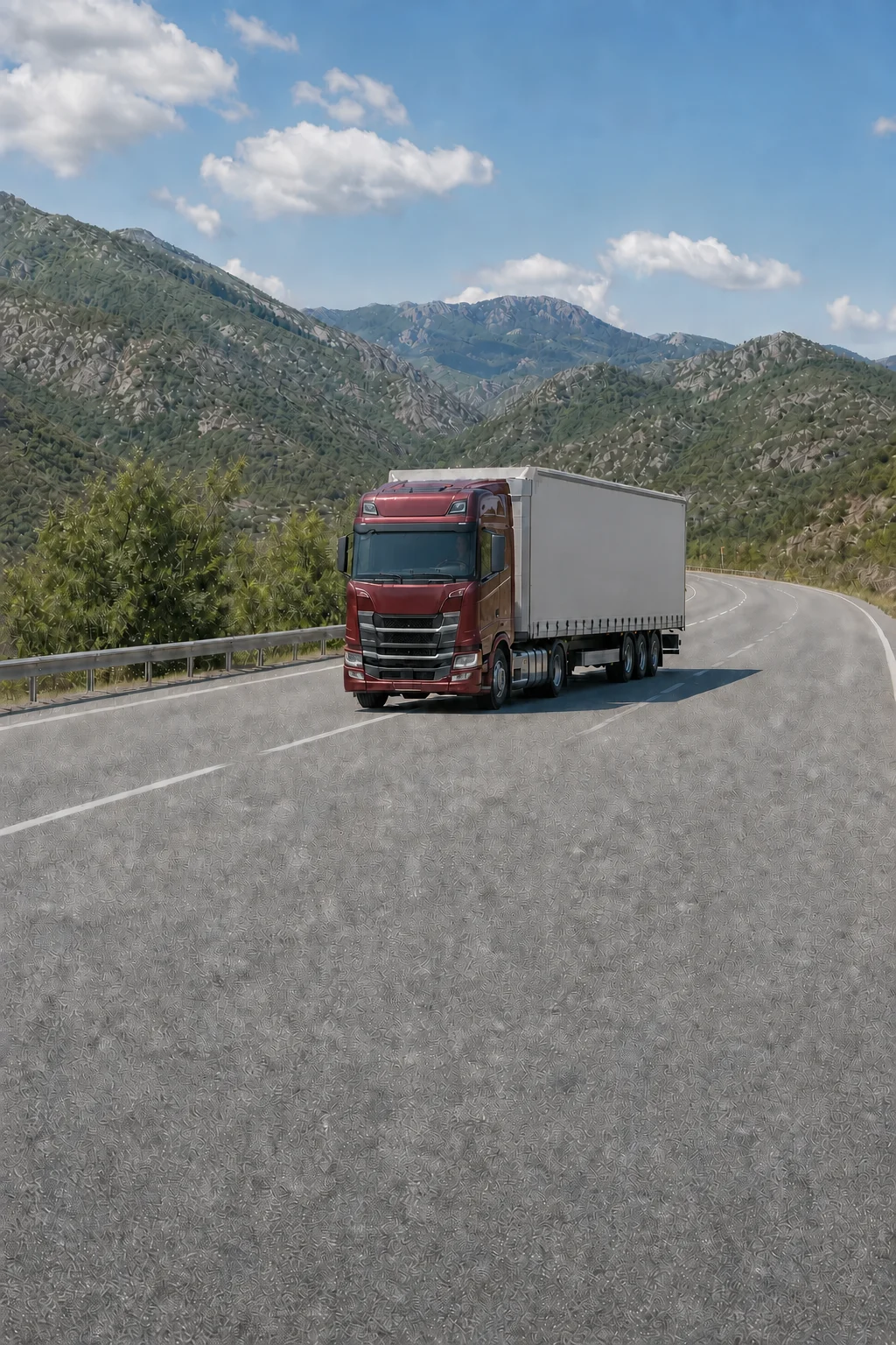 Camión moderno rojo borgoña con conductor en una carretera de montaña