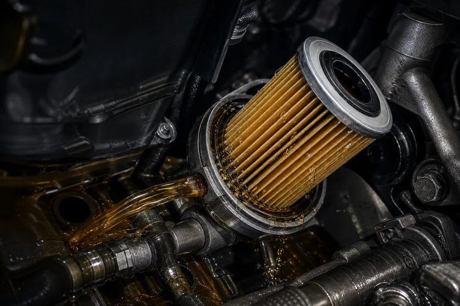 Filtro de aceite rodeado por lubricante limpio